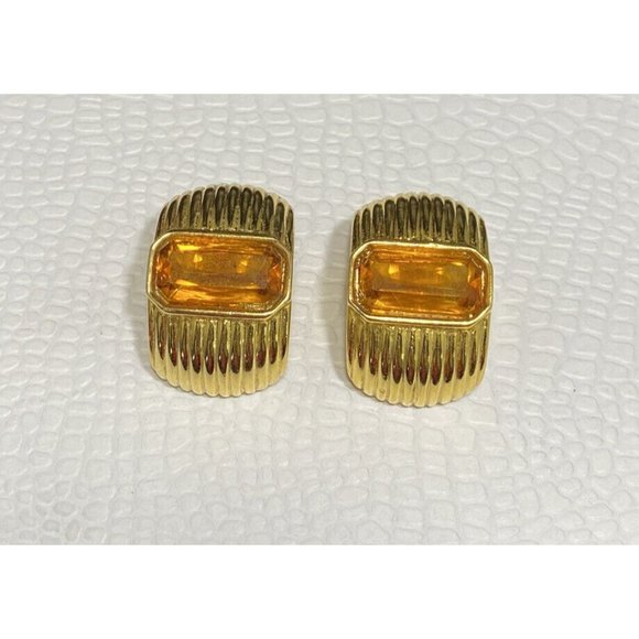 VTG 80'S DAVID GRAU COUTURE AMBER CRYSTAL DECO STYLE CLIP EARRINGS GOLD RIBBED - Picture 2 of 7